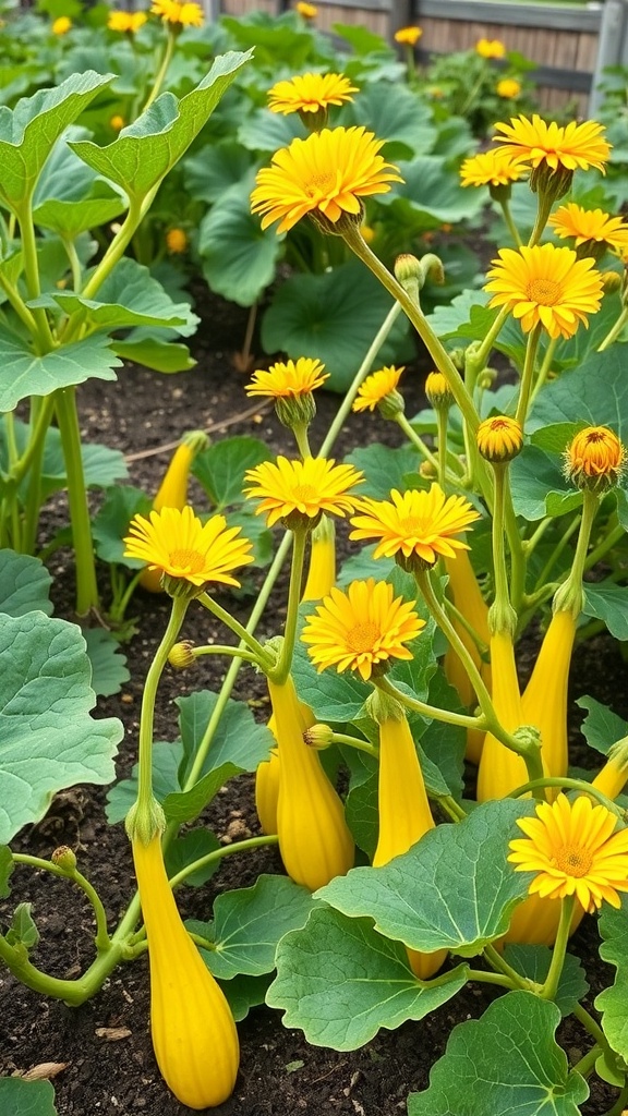 Vibrant yellow squash plants with flowers and fruit, thriving in a sunny garden.