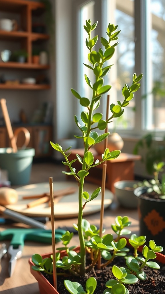 A Jade plant with weak stems being supported by wooden stakes on a sunny windowsill.