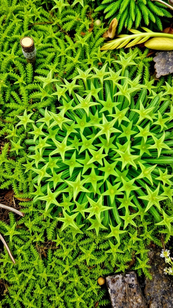 Close-up of star moss with star-shaped structures on a green moss background.