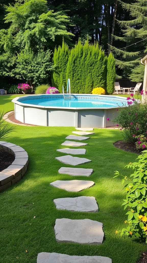 Pathway of stepping stones leading to an above-ground pool surrounded by greenery