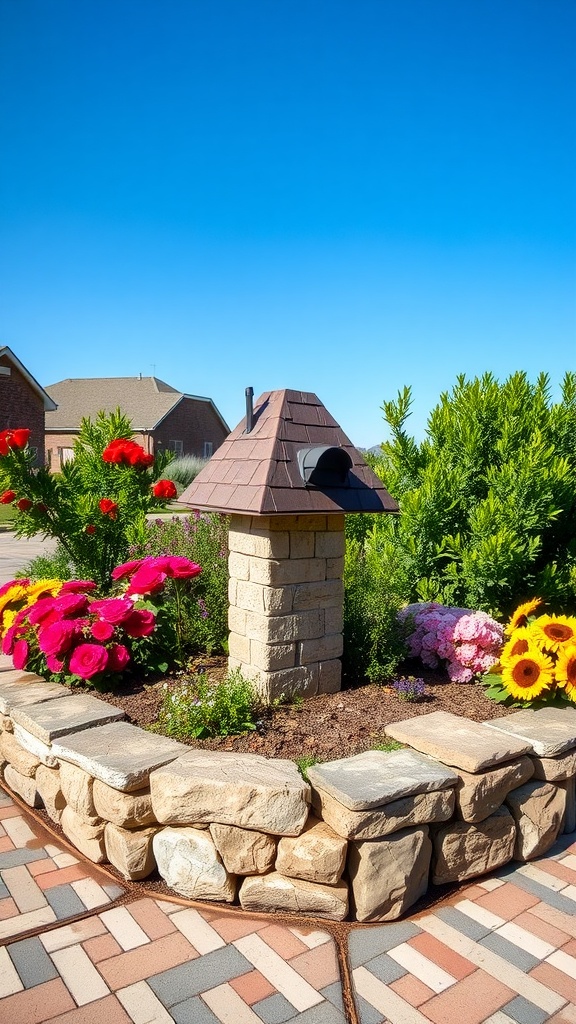 A mailbox with a stone surround, topped with a roof, and surrounded by colorful flowers.