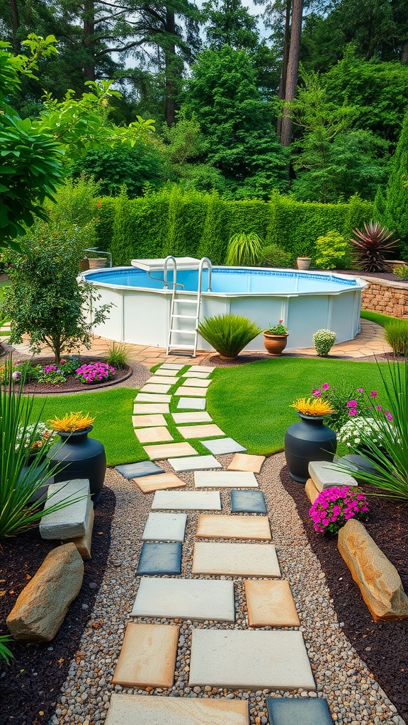 A beautiful stone pathway leading to an above ground pool, surrounded by colorful flowers and greenery.