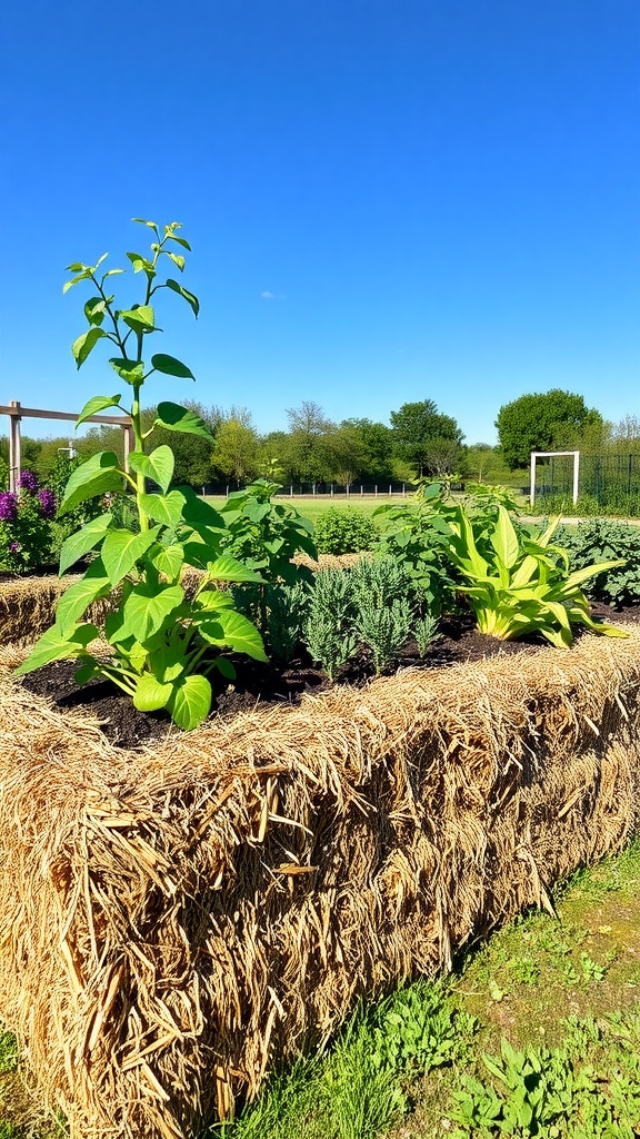 Vibrant tomato plants growing in straw bale garden beds