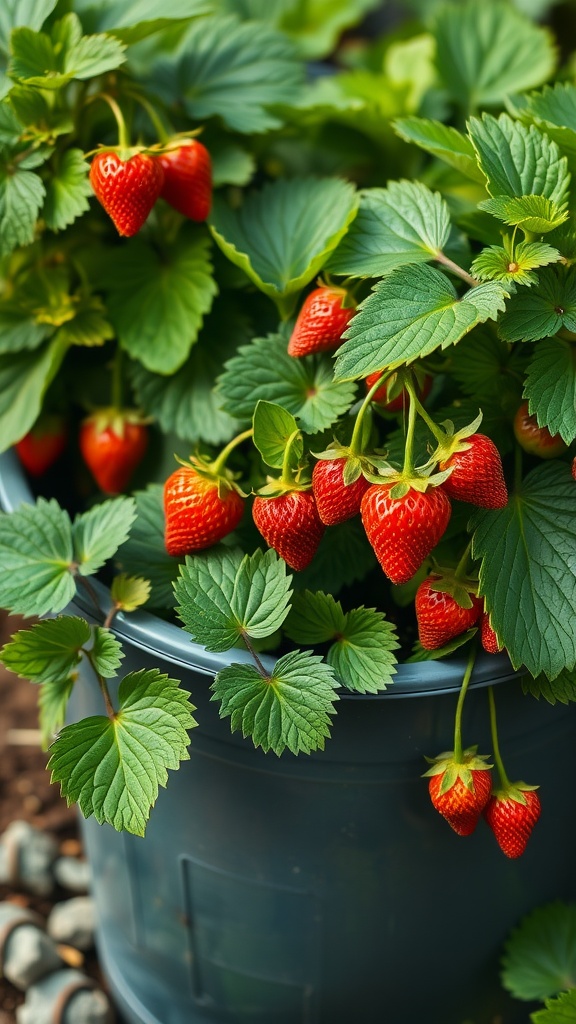 A 5-gallon bucket filled with strawberry plants, showcasing ripe red strawberries and lush green leaves.