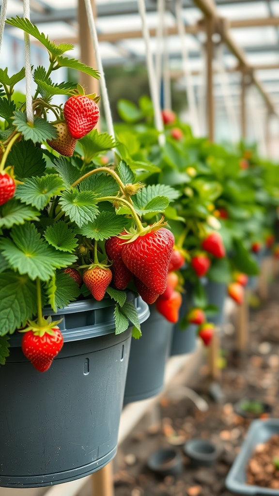 Hanging buckets with ripe strawberries in a greenhouse