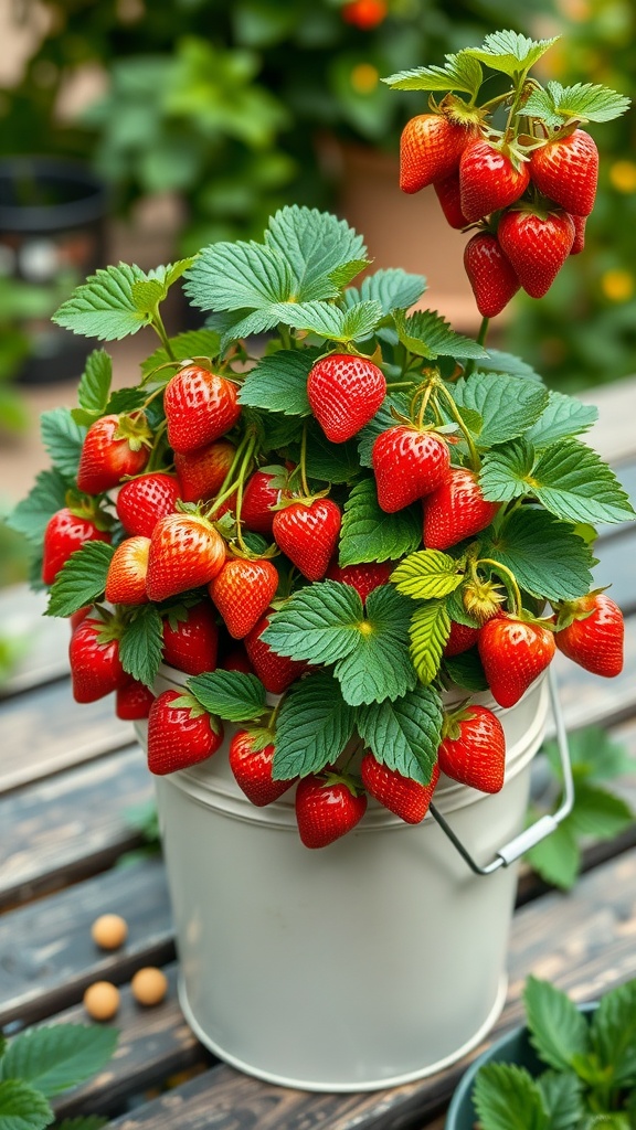 A bucket filled with ripe strawberries surrounded by lush green leaves.