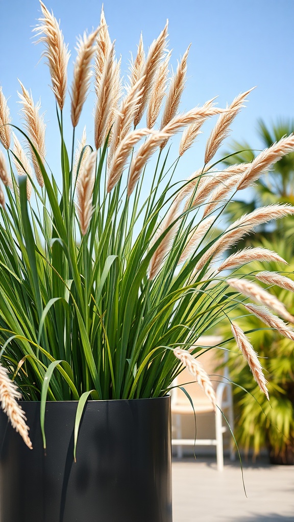 Close-up of ornamental grasses in a black pot, showcasing feathery plumes against a clear blue sky.