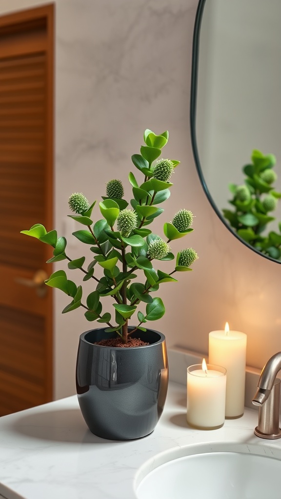 A jade plant in a black pot on a bathroom counter, with lit candles nearby.