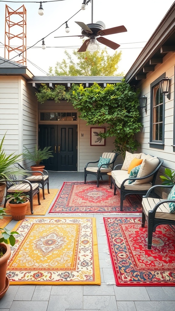 Outdoor patio featuring colorful rugs, plants, and seating.