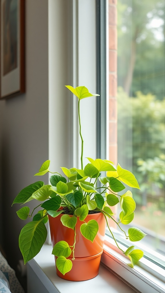 A jade plant with green leaves on a window sill, sunlight streaming in.