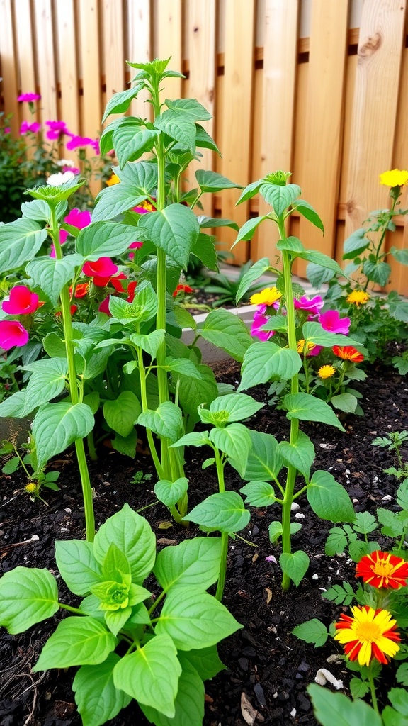 A small vegetable garden showcasing various plants labeled for easy identification, featuring vibrant flowers.