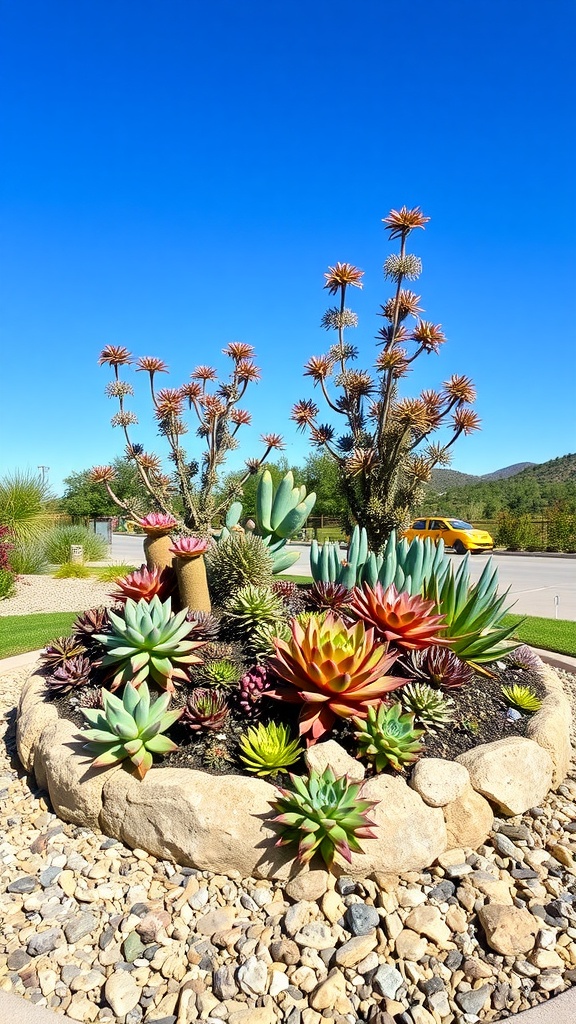 A colorful succulent-covered raised bed landscape with various types of succulents and a clear blue sky.