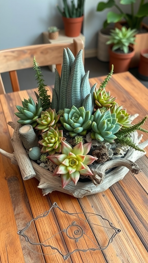 A rustic succulent arrangement featuring various types of succulents and driftwood on a wooden table