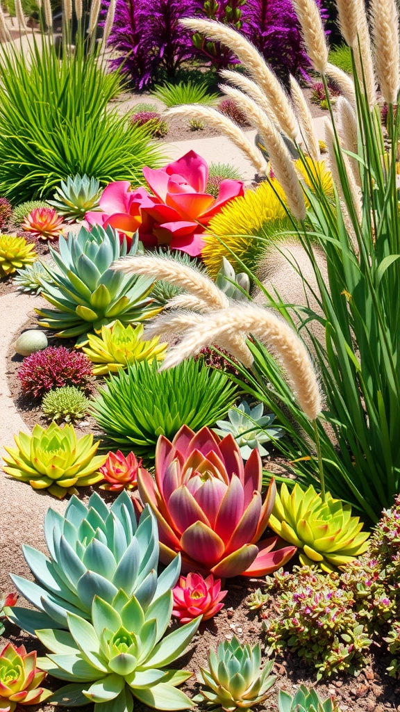 A colorful landscape featuring various succulents and ornamental grasses, showcasing a vibrant and lush garden design.