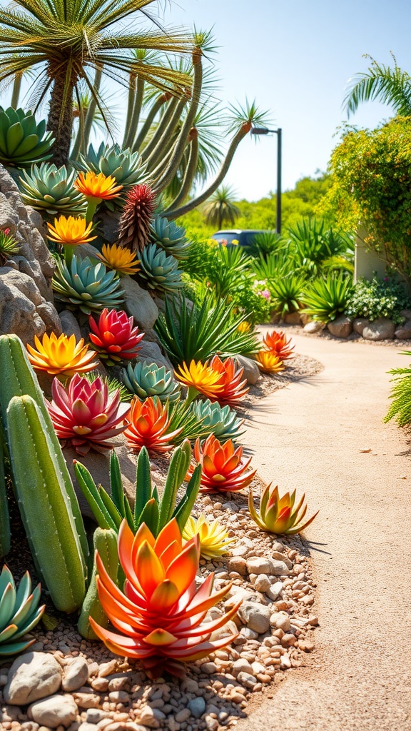 Succulent border landscape garden along a pathway with colorful plants and natural elements.