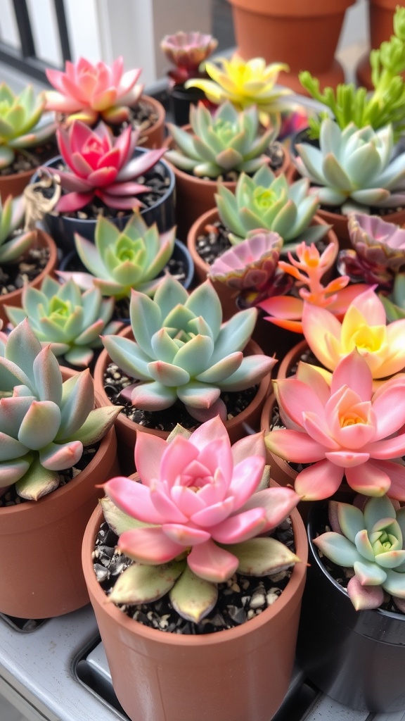 A collection of various succulents in colorful pots displayed on a south-facing window sill.