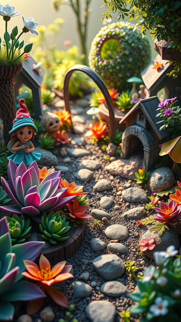 A fairy landscape garden featuring colorful succulents, tiny creatures, and whimsical architecture.