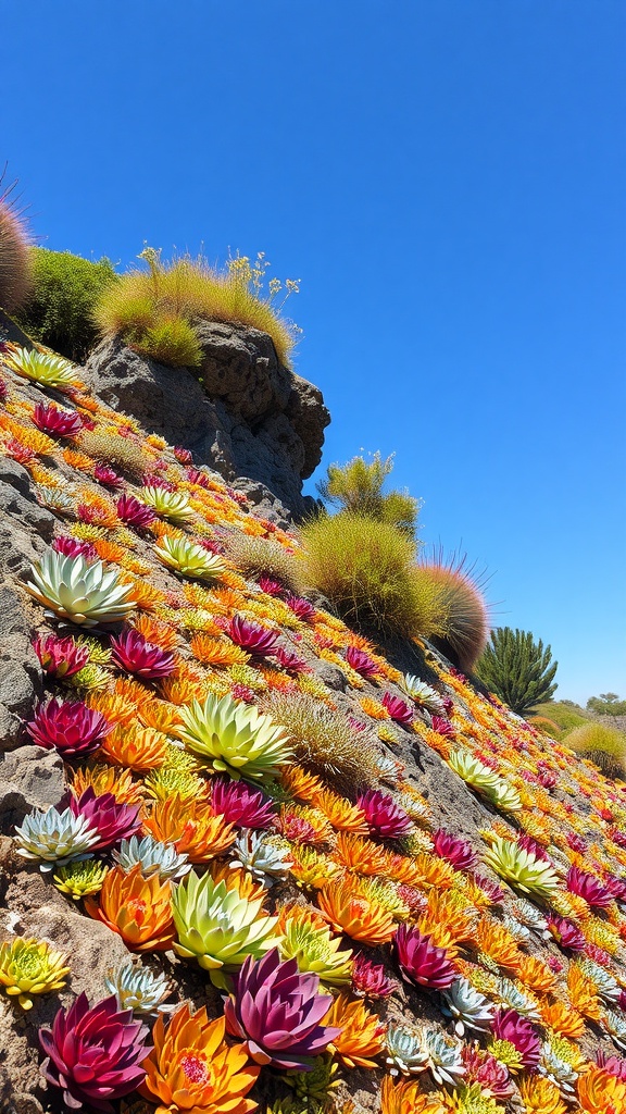 Colorful succulents on a rocky slope against a blue sky