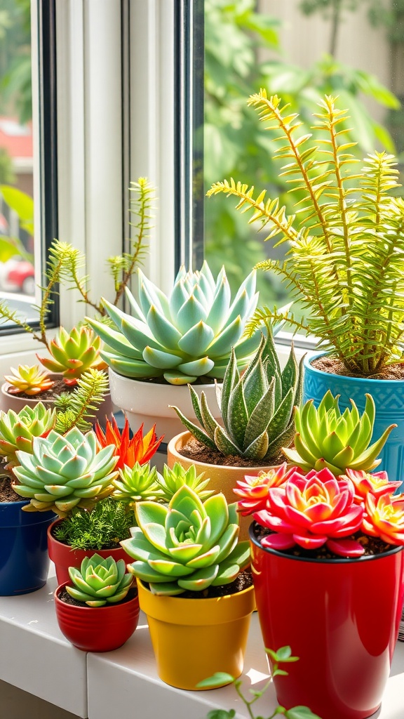 A variety of colorful succulents planted in pots on a windowsill, illuminated by sunlight.