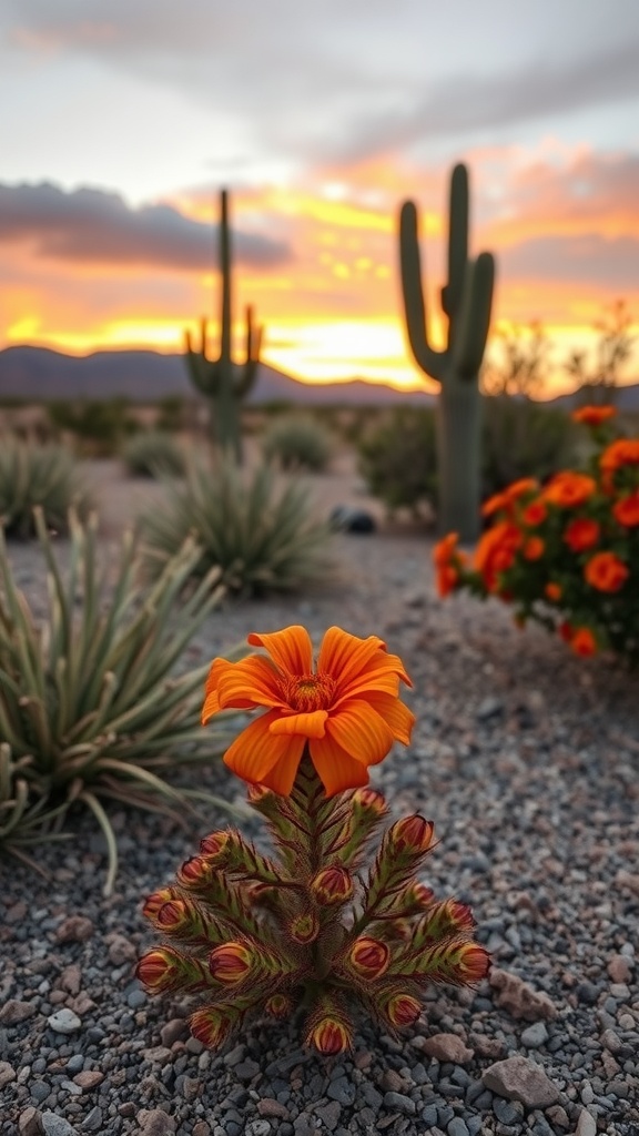 Vibrant orange Sunset Boulevard flower in the foreground with a sunset backdrop and desert plants.