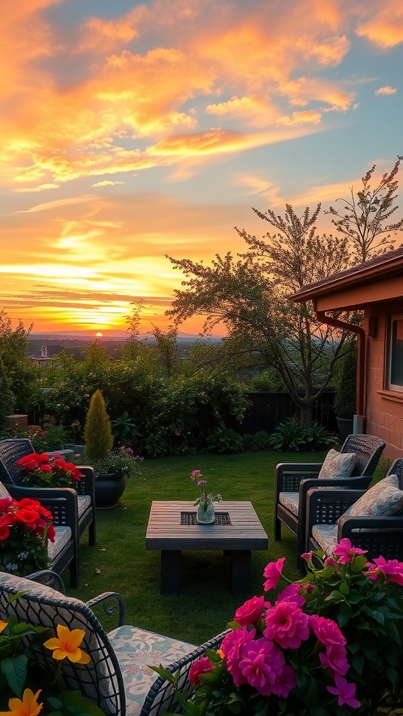 Cozy garden seating area with flowers and a sunset view