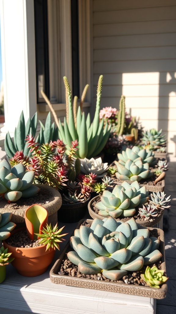 A variety of succulents arranged in pots on a sun-drenched porch