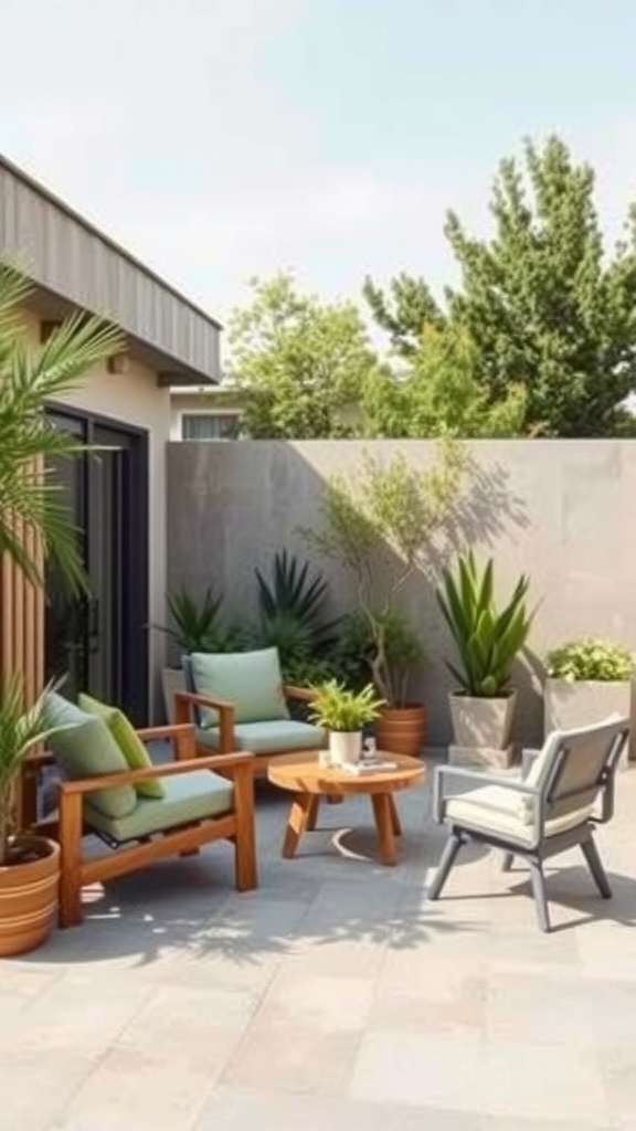 Sustainable outdoor patio furniture with plants and decor