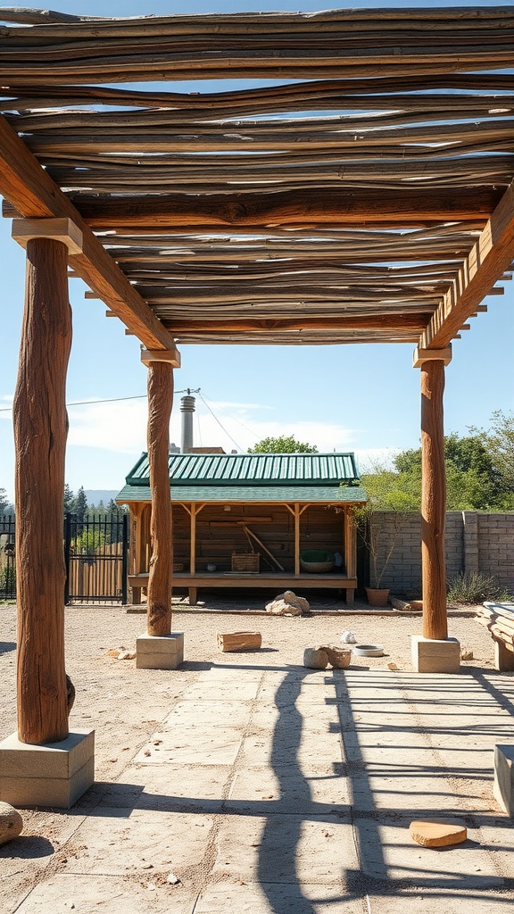 A pergola made from reclaimed wood with a rustic design, set in a simple outdoor area.