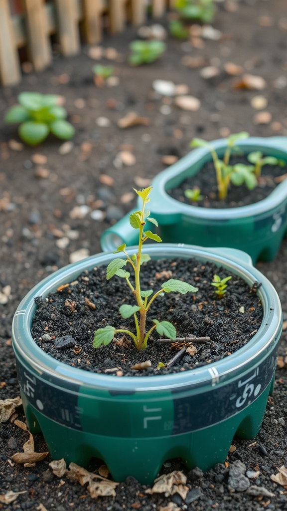 Plants growing in upcycled green plastic bottle halves