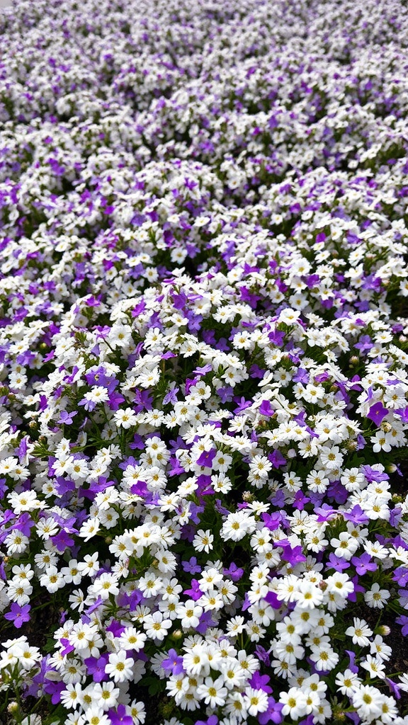 A field of blooming Sweet Alyssum flowers in white and purple.