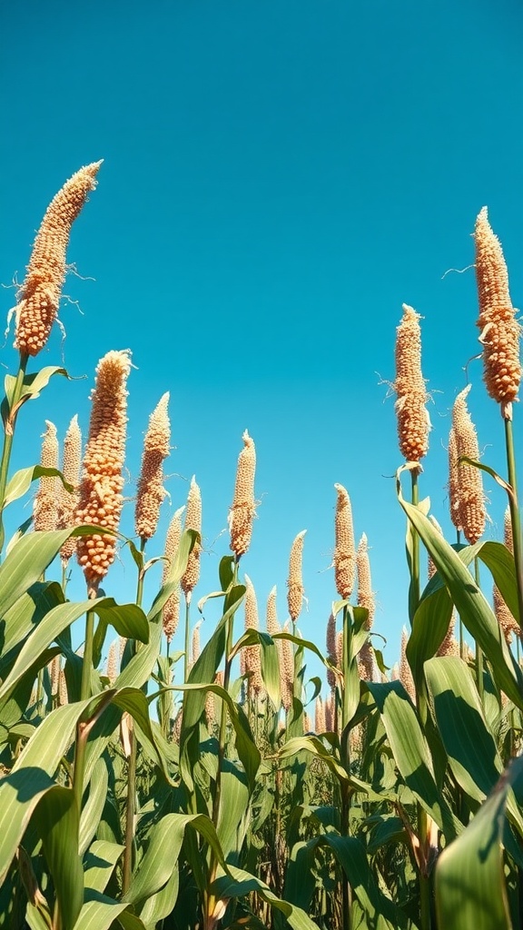 Tall golden sweet corn stalks against a clear blue sky