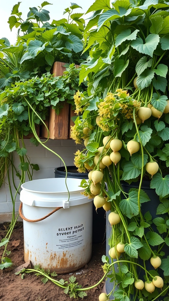 Container buckets filled with lush sweet potato plants, showcasing green leaves and developing tubers.