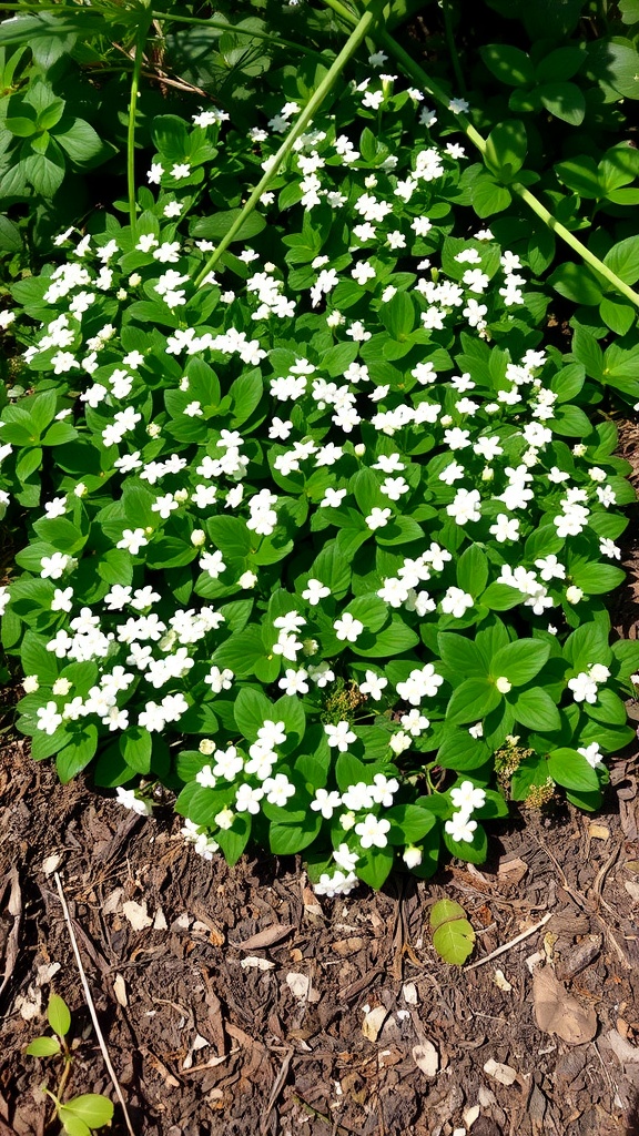 A lush patch of Sweet Woodruff with white flowers blooming among green leaves.