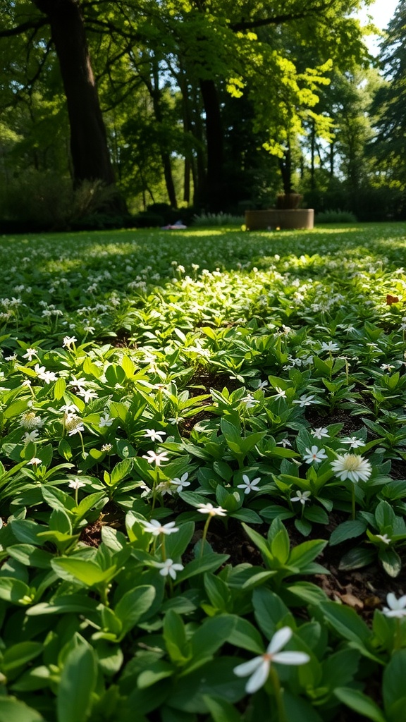 A lush green ground cover of Sweet Woodruff with delicate white flowers under dappled sunlight.