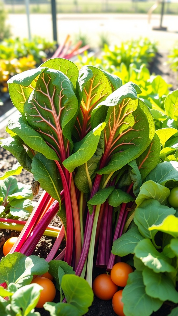 Fresh Swiss chard with vibrant stems and leaves in a garden