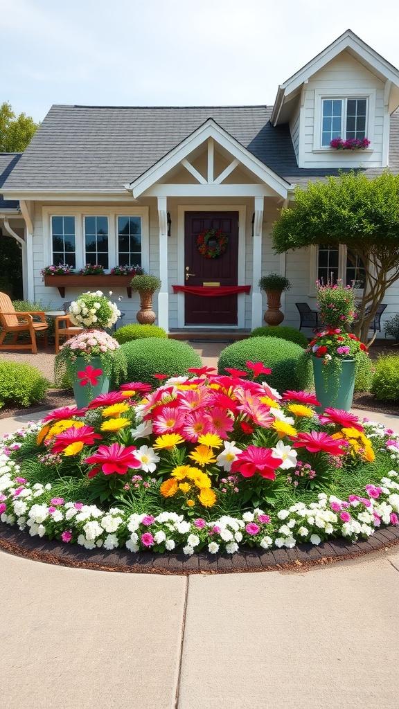 Beautiful symmetrical flowerbeds in front of a house, showcasing vibrant flowers and greenery.