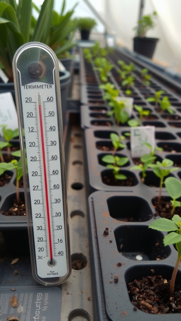 A thermometer next to seedlings in a greenhouse.