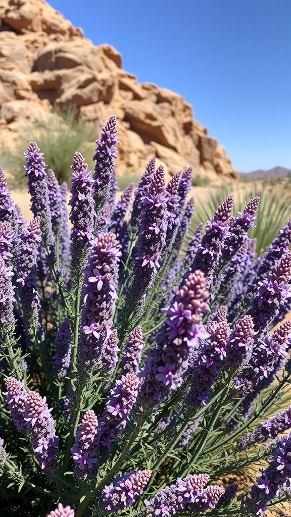 Purple blooms of Texas sage with desert rocks in the background.