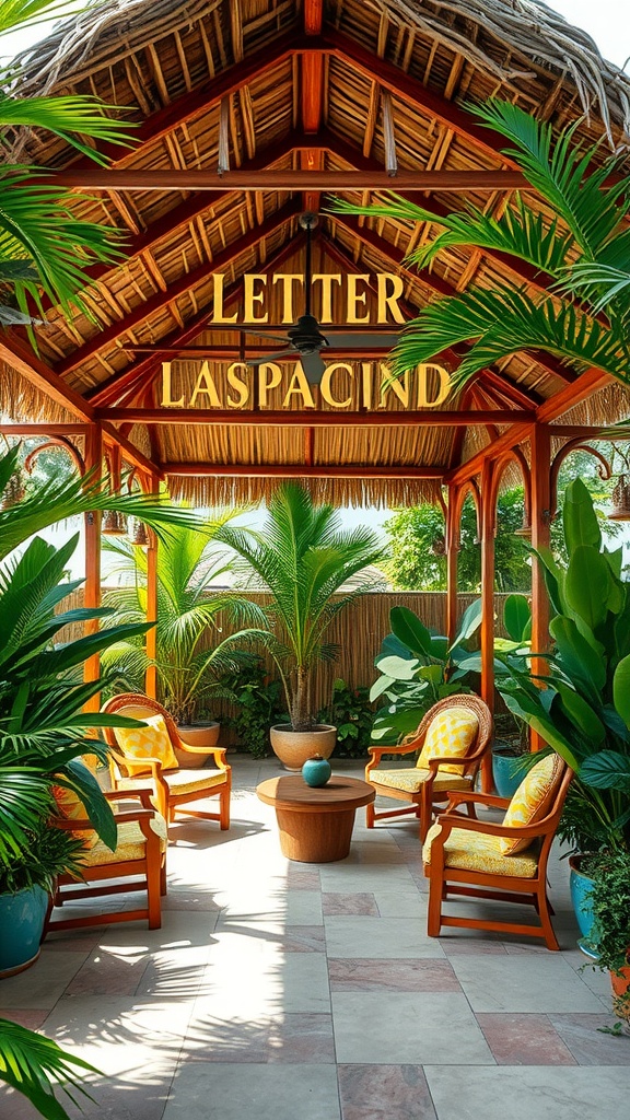 A cozy patio with a thatched roof surrounded by tropical plants and comfortable seating.