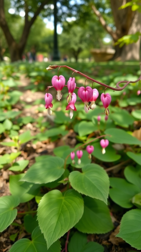 A close-up of Bleeding Heart flowers hanging delicately from a stem, surrounded by lush green foliage.