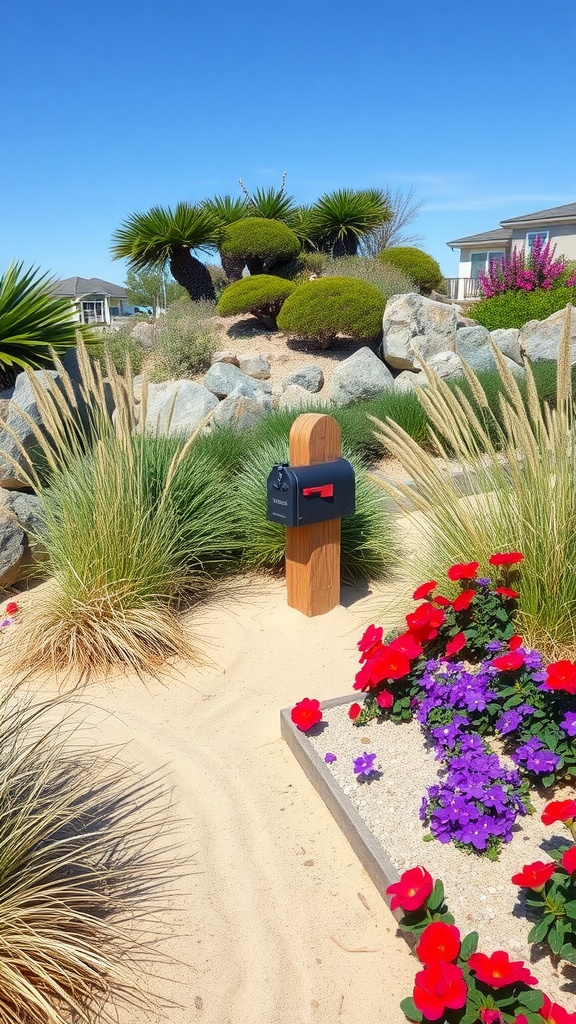 A coastal-themed mailbox surrounded by ornamental grasses and colorful flowers.