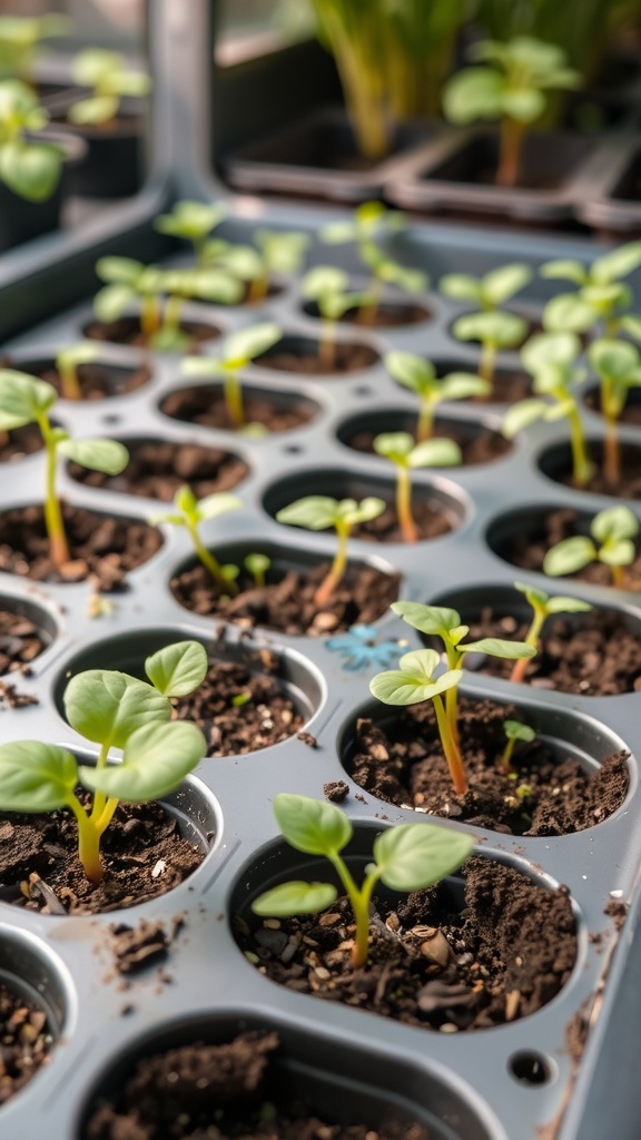 A hand thinning seedlings in a black plastic tray filled with soil.