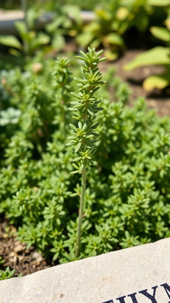 A close-up of a healthy thyme plant in a garden setting