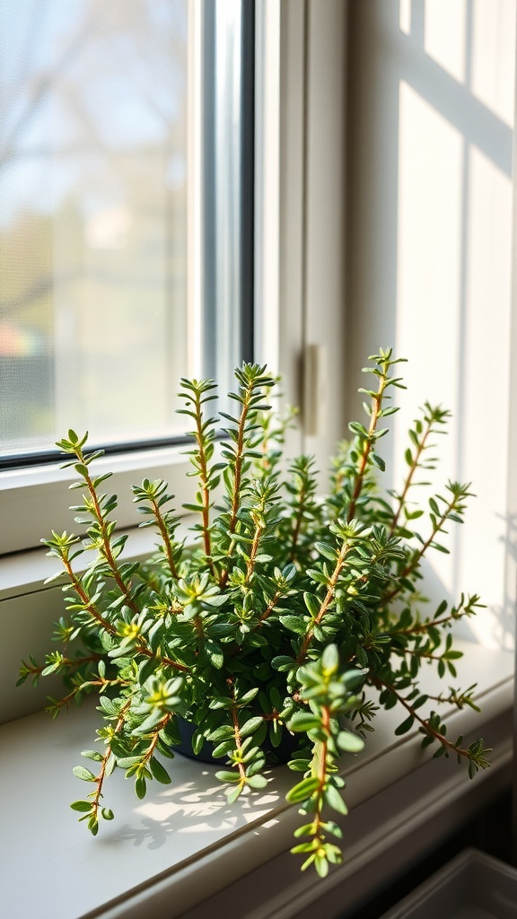 A thyme plant growing on a windowsill, enjoying the morning sunlight.