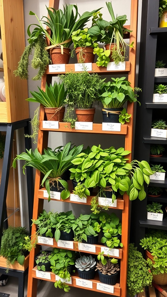 A tiered wooden ladder filled with various herb plants in pots, showcasing a vibrant display of green.