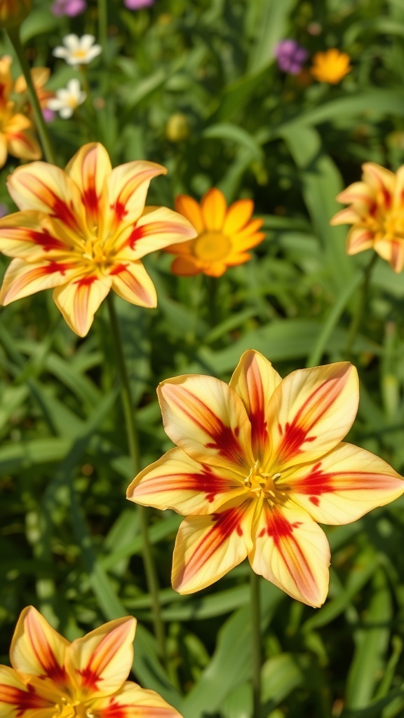 Yellow Tiger Flowers with red stripes surrounded by various other colorful flowers