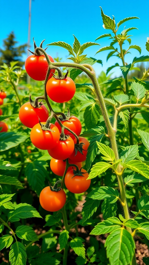 Ripe tomatoes on a vine in a sunny garden