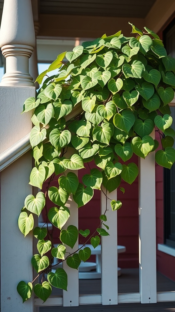 A beautiful display of trailing sweet potato vines cascading over a porch railing.