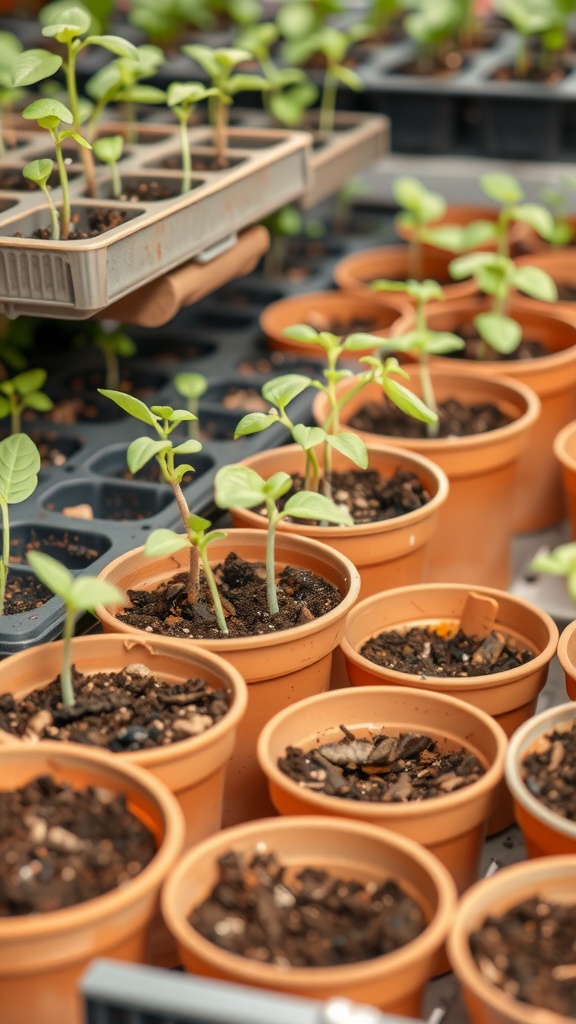 Young green seedlings in small pots, ready for transplanting.