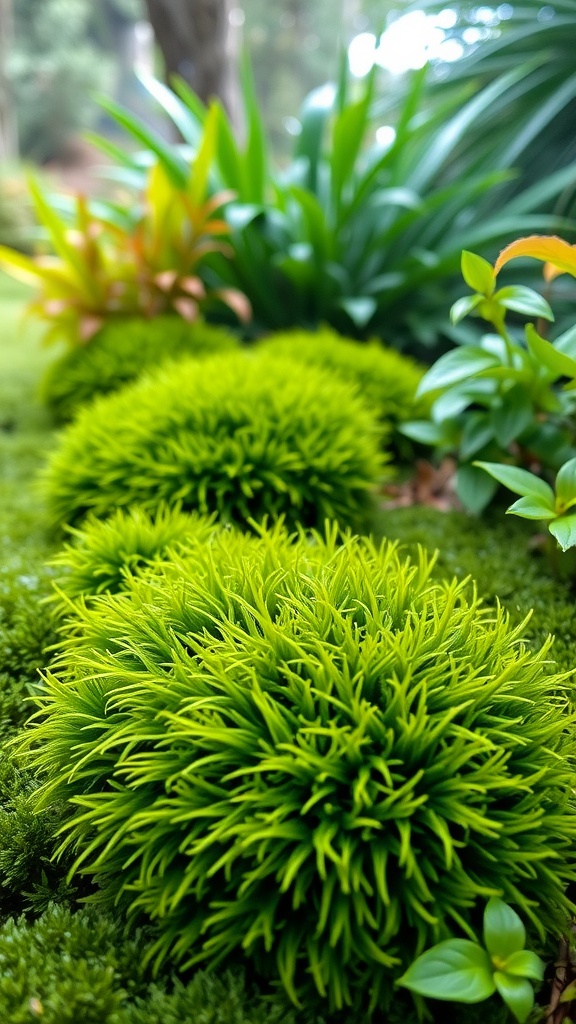 Close-up of green tree moss (Tortula Ruralis) in a garden setting with lush foliage.